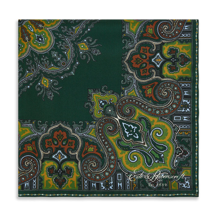 Green Large Square Paisley Silk Pocket Square