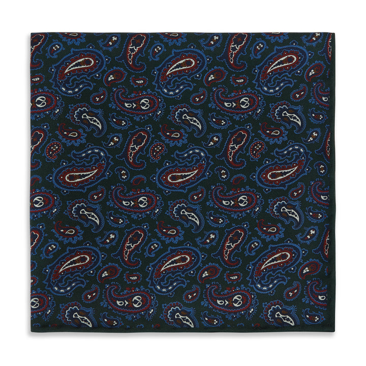Green Navy Paisley Madder Silk Reversible Pocket Square
