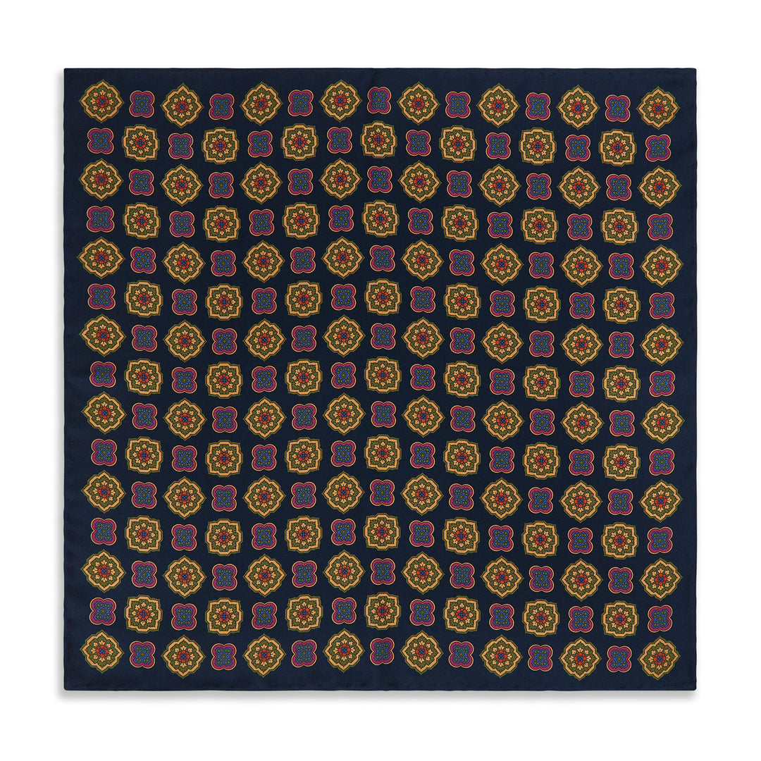 Navy Pink Medallion Madder Reversible Silk Pocket Square