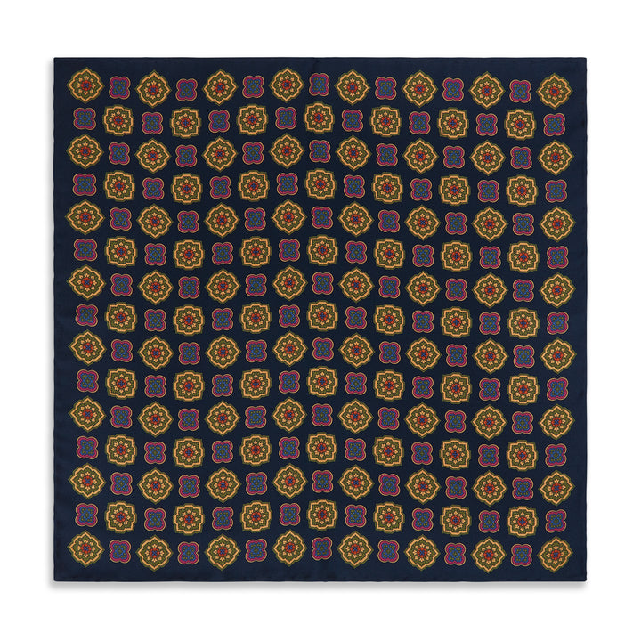 Navy Pink Medallion Madder Reversible Silk Pocket Square