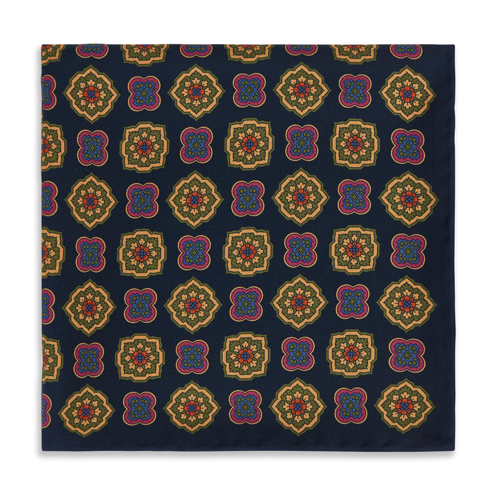 Navy Pink Medallion Madder Reversible Silk Pocket Square