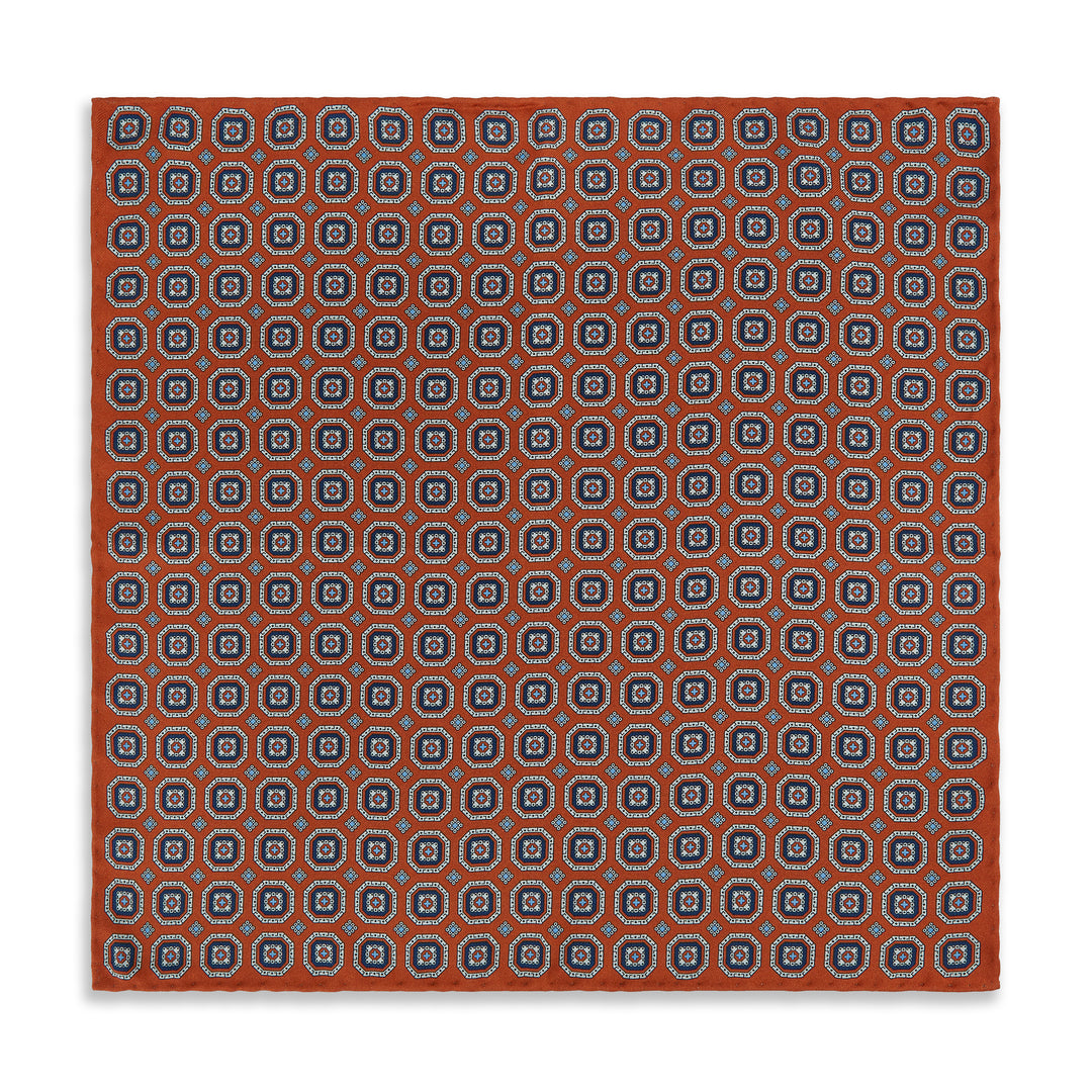 Orange Blue Medallion Madder Reversible Silk Pocket Square