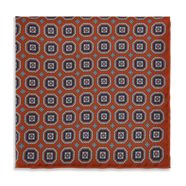 Orange Blue Medallion Madder Reversible Silk Pocket Square