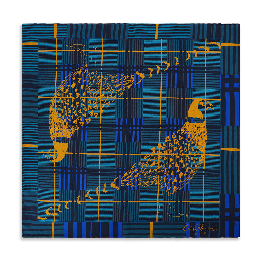 Teal Gold Pheasant Check Silk Pocket Square