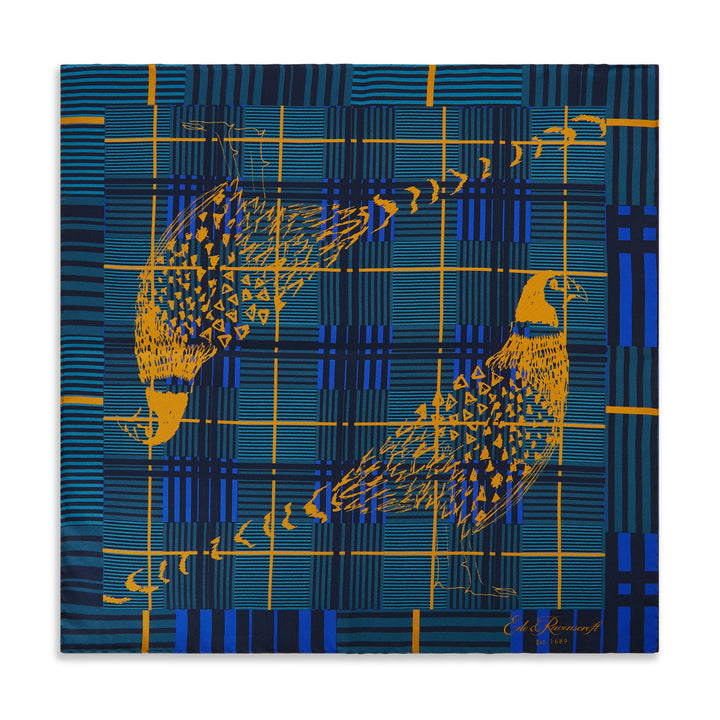 Teal Gold Pheasant Check Silk Pocket Square