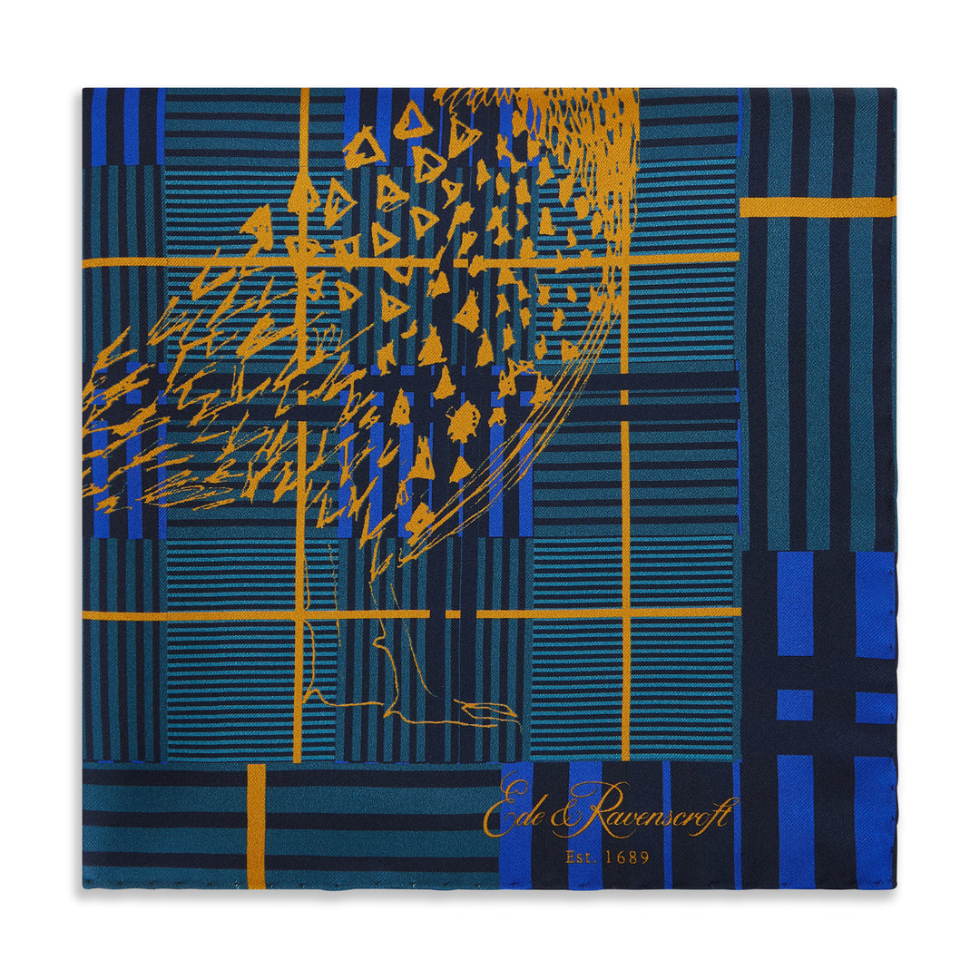 Teal Gold Pheasant Check Silk Pocket Square