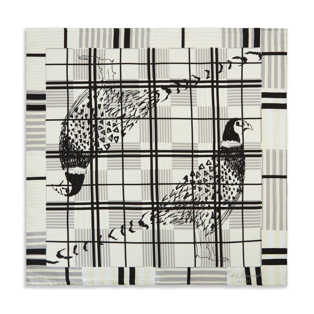 Ecru Black Pheasant Check Silk Pocket Square
