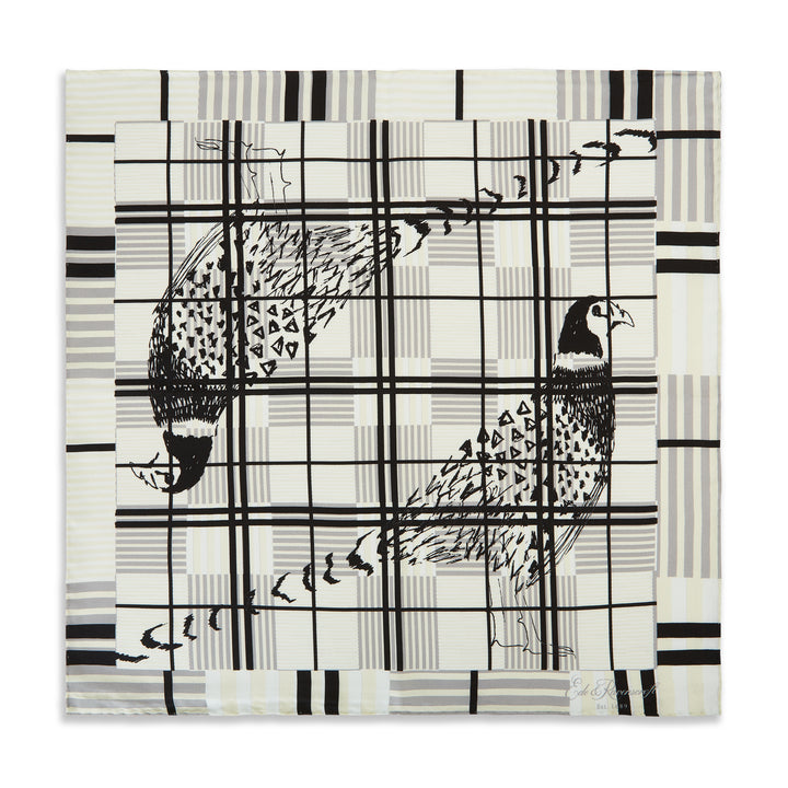 Ecru Black Pheasant Check Silk Pocket Square