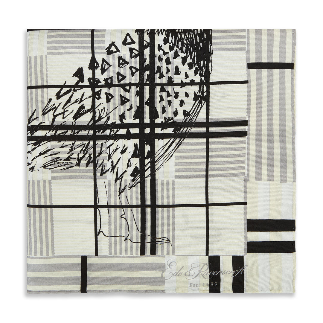 Ecru Black Pheasant Check Silk Pocket Square