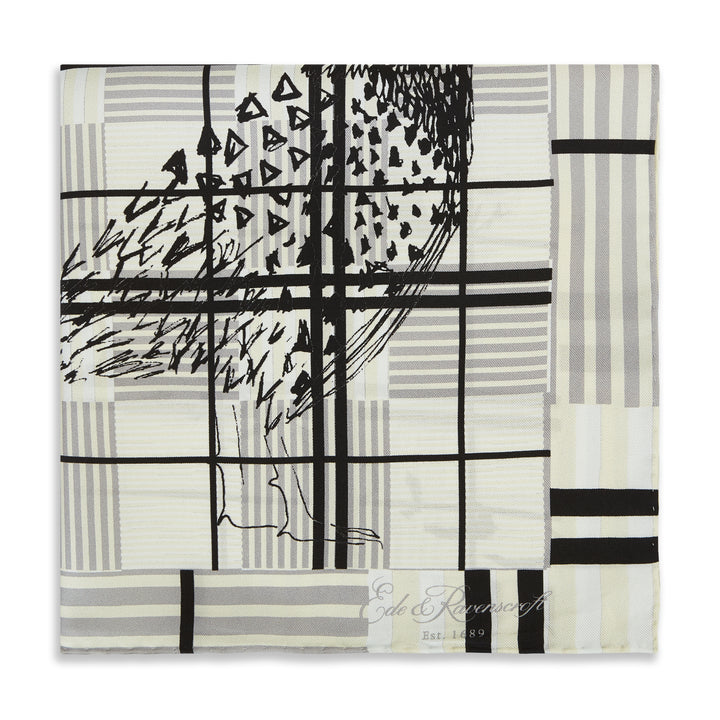 Ecru Black Pheasant Check Silk Pocket Square