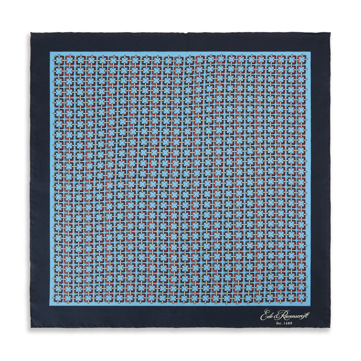 Blue Navy Square Chain Print Silk Pocket Square