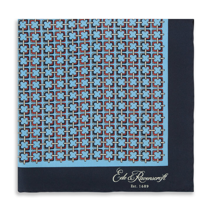 Blue Navy Square Chain Print Silk Pocket Square