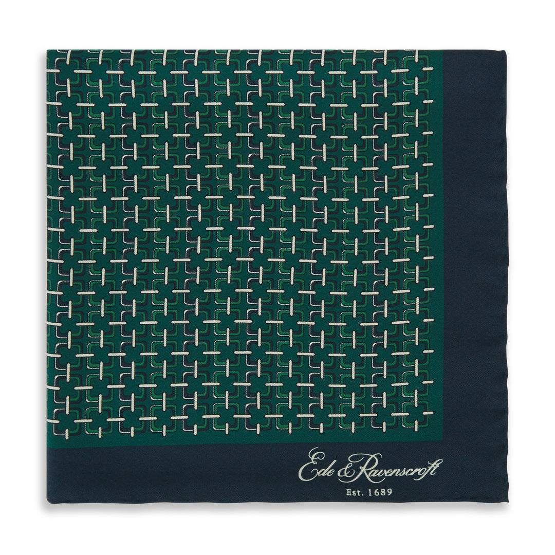 Green Navy Square Chain Print Silk Pocket Square