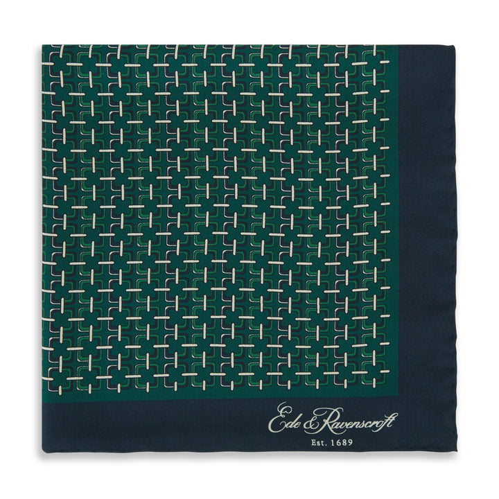 Green Navy Square Chain Print Silk Pocket Square