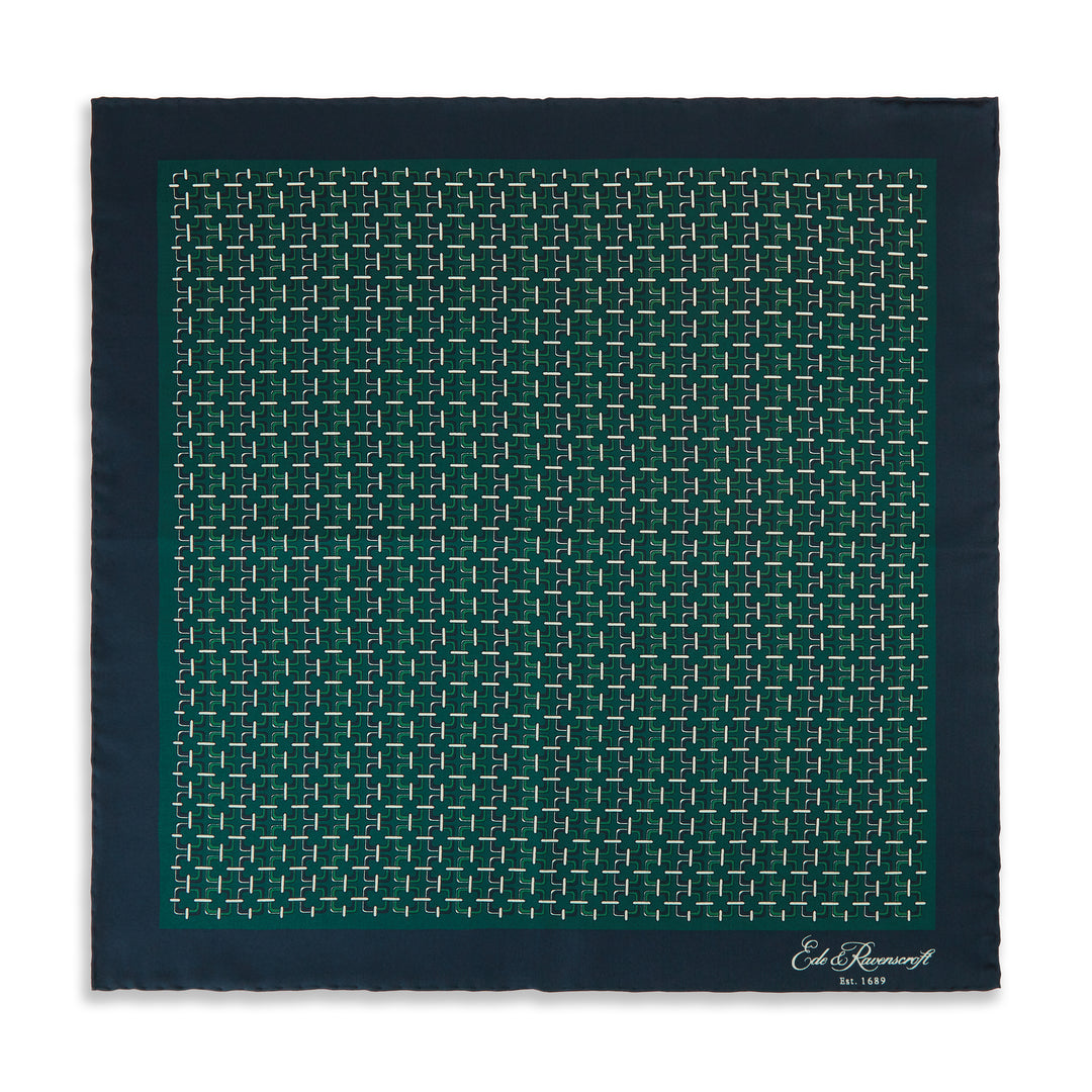 Green Navy Square Chain Print Silk Pocket Square