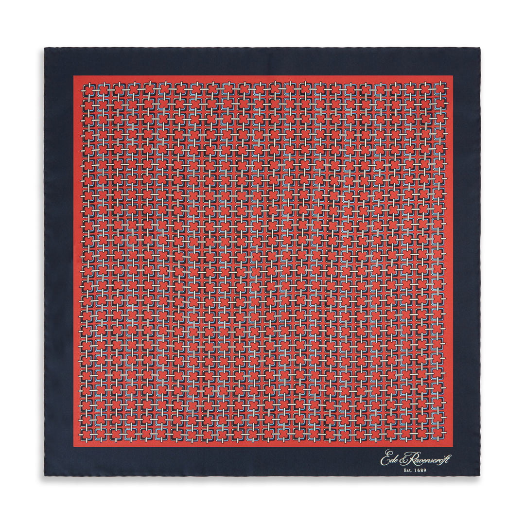 Red Navy Square Chain Print Silk Pocket Square