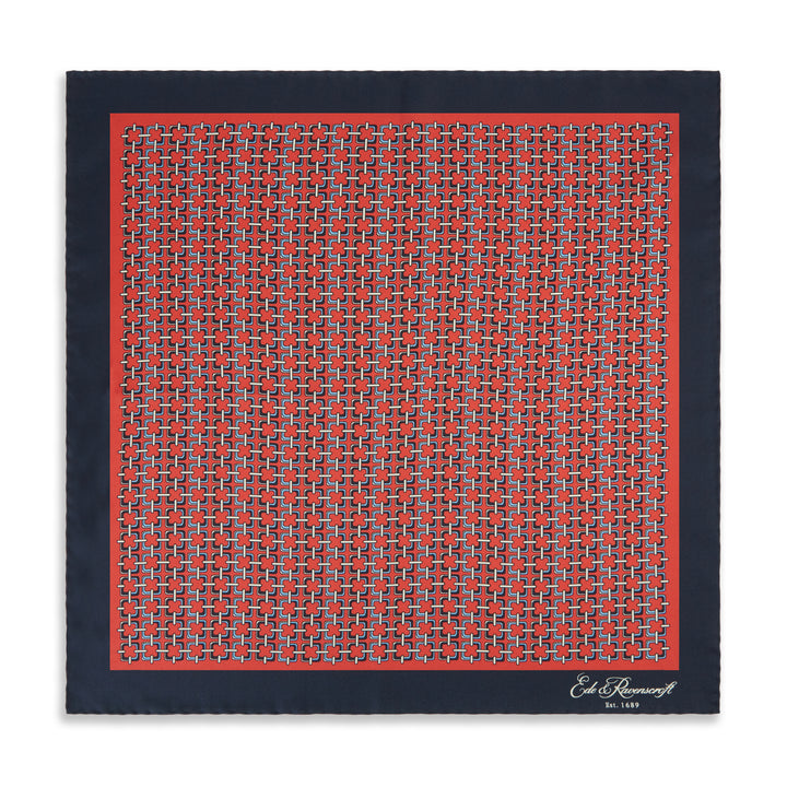 Red Navy Square Chain Print Silk Pocket Square