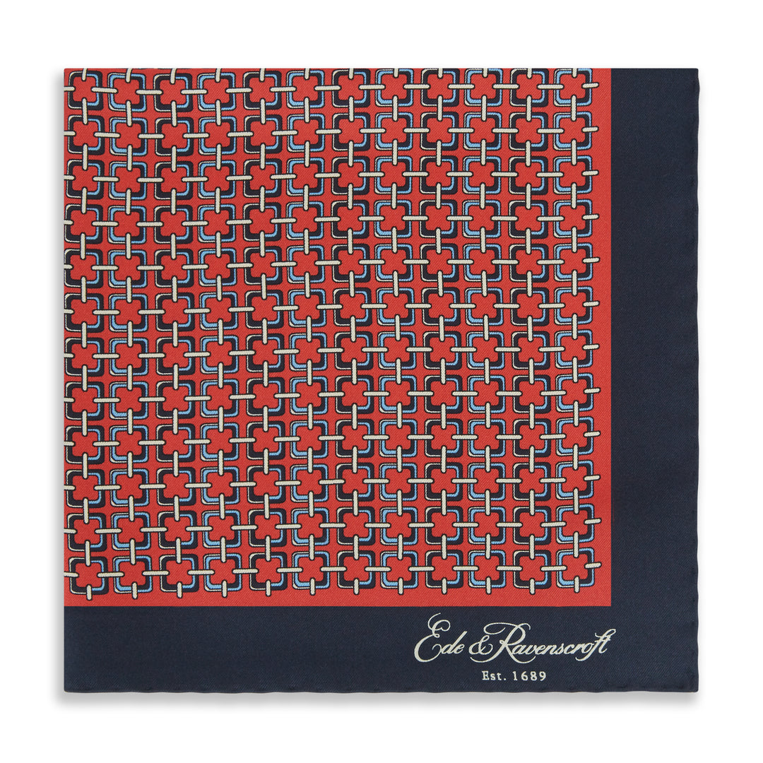 Red Navy Square Chain Print Silk Pocket Square