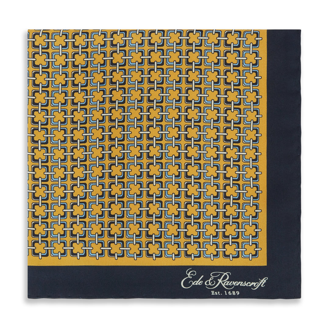 Yellow Navy Square Chain Print Silk Pocket Square