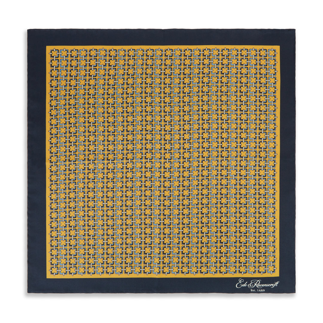 Yellow Navy Square Chain Print Silk Pocket Square