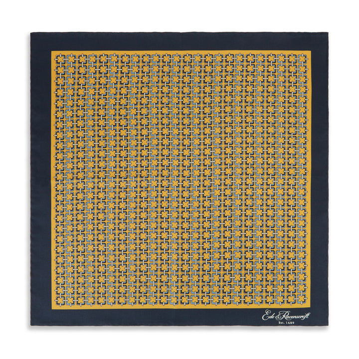 Yellow Navy Square Chain Print Silk Pocket Square