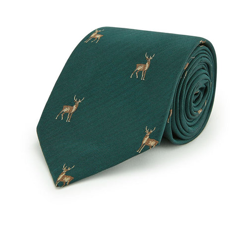 Green Stag Herringbone Woven Silk Tie
