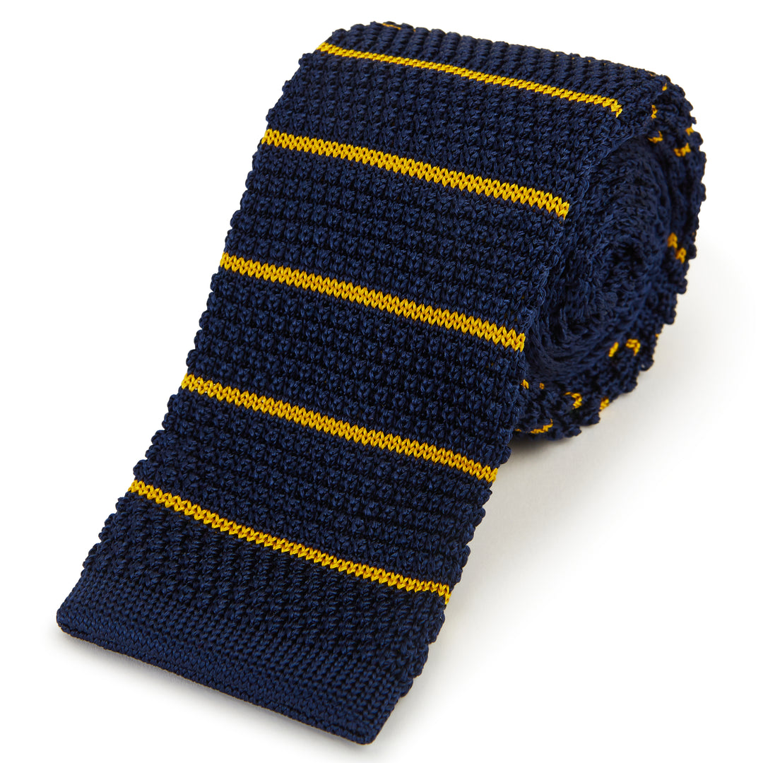 Navy Yellow Knitted Barre Stripe Tie