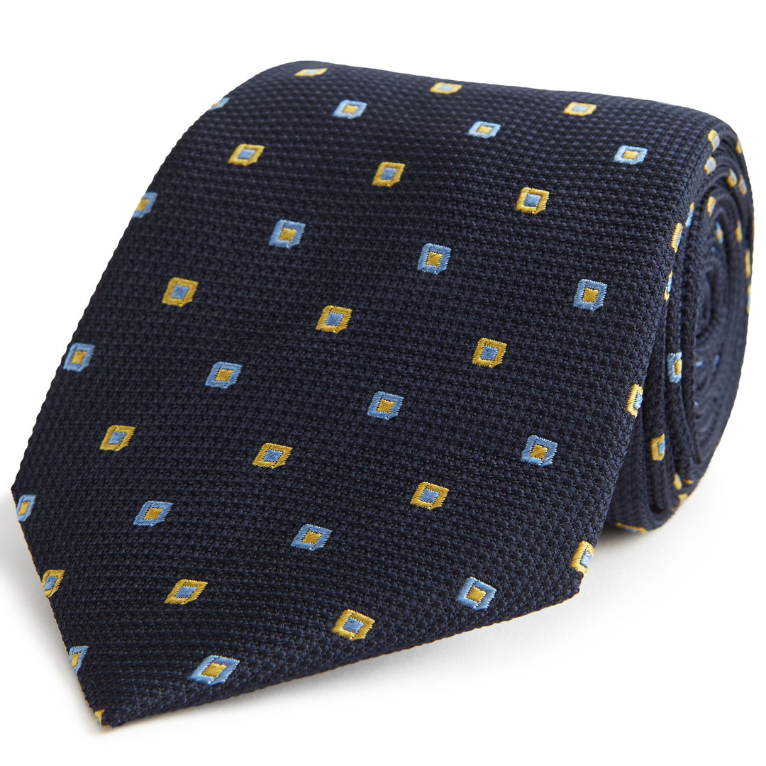 Navy and Yellow Diamond Woven Silk Tie