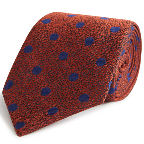 Orange and Navy Polka Dot Textured Woven Silk Tie