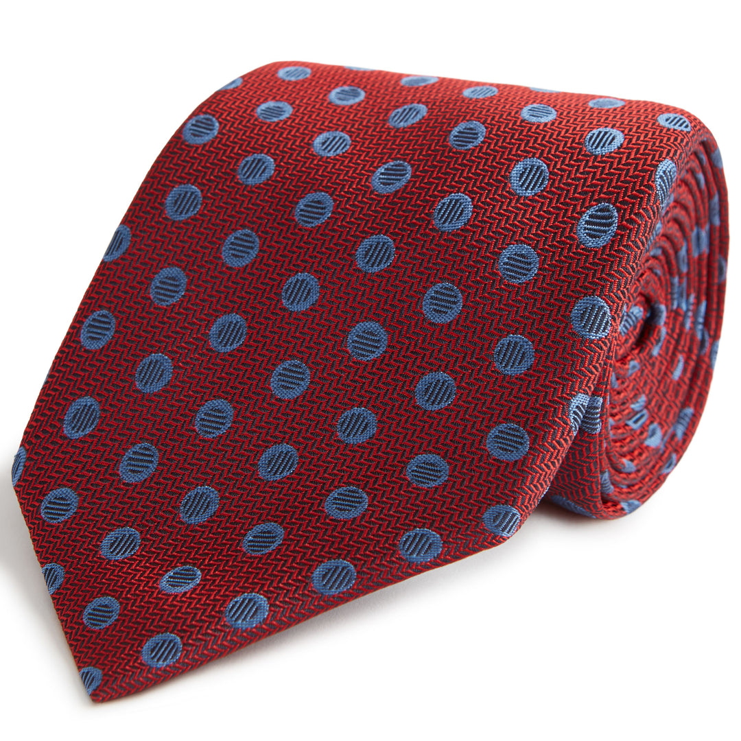 Red and Navy Polka Dot Herringbone Woven Silk Tie