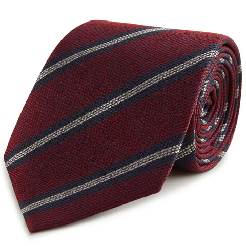 Burgundy and Silver Striped Hopsack Woven Silk Tie