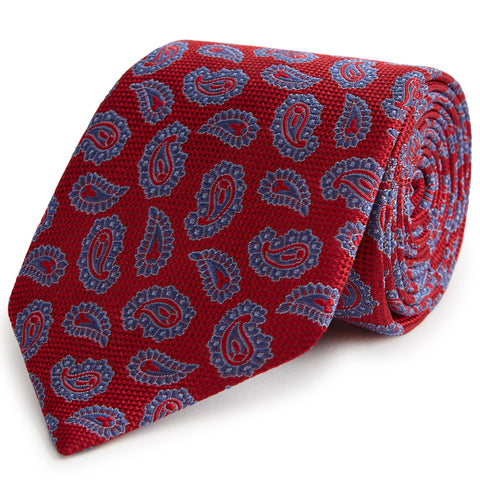Red and Blue Paisley Hopsack Woven Silk Tie