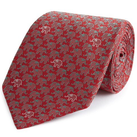 Red and Green Elephant Woven Silk Tie