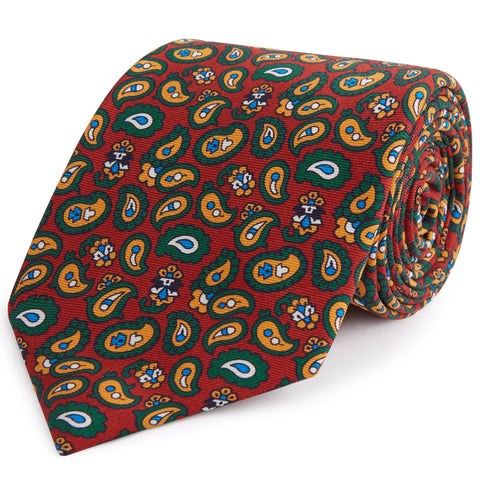 Red and Mustard Paisley Madder Printed Silk Tie