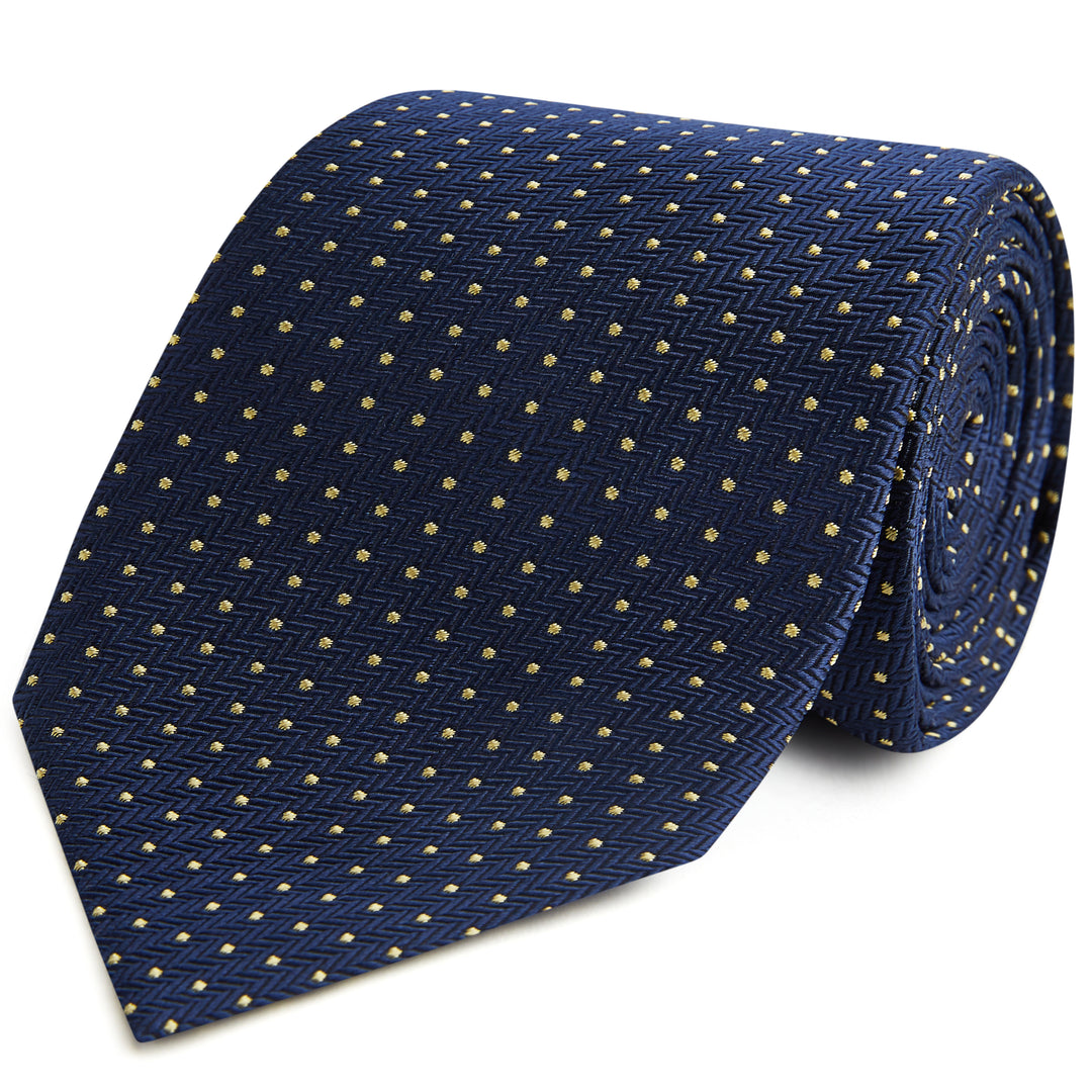 Navy Yellow Herringbone Spot Woven Silk Tie