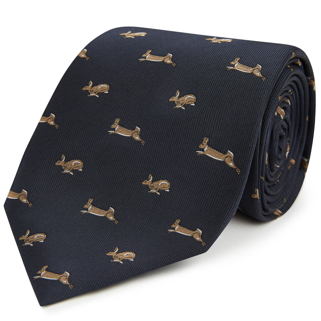 Ysl Necktie Rabbit Ede & Ravenscroft | Running Rabbit Woven Silk Tie | Navy