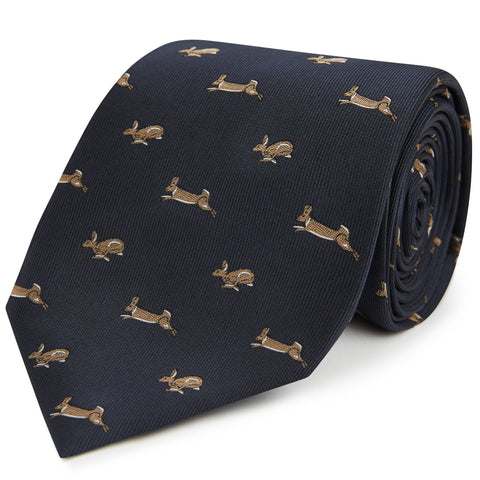 Navy Running Rabbit Woven Silk Tie