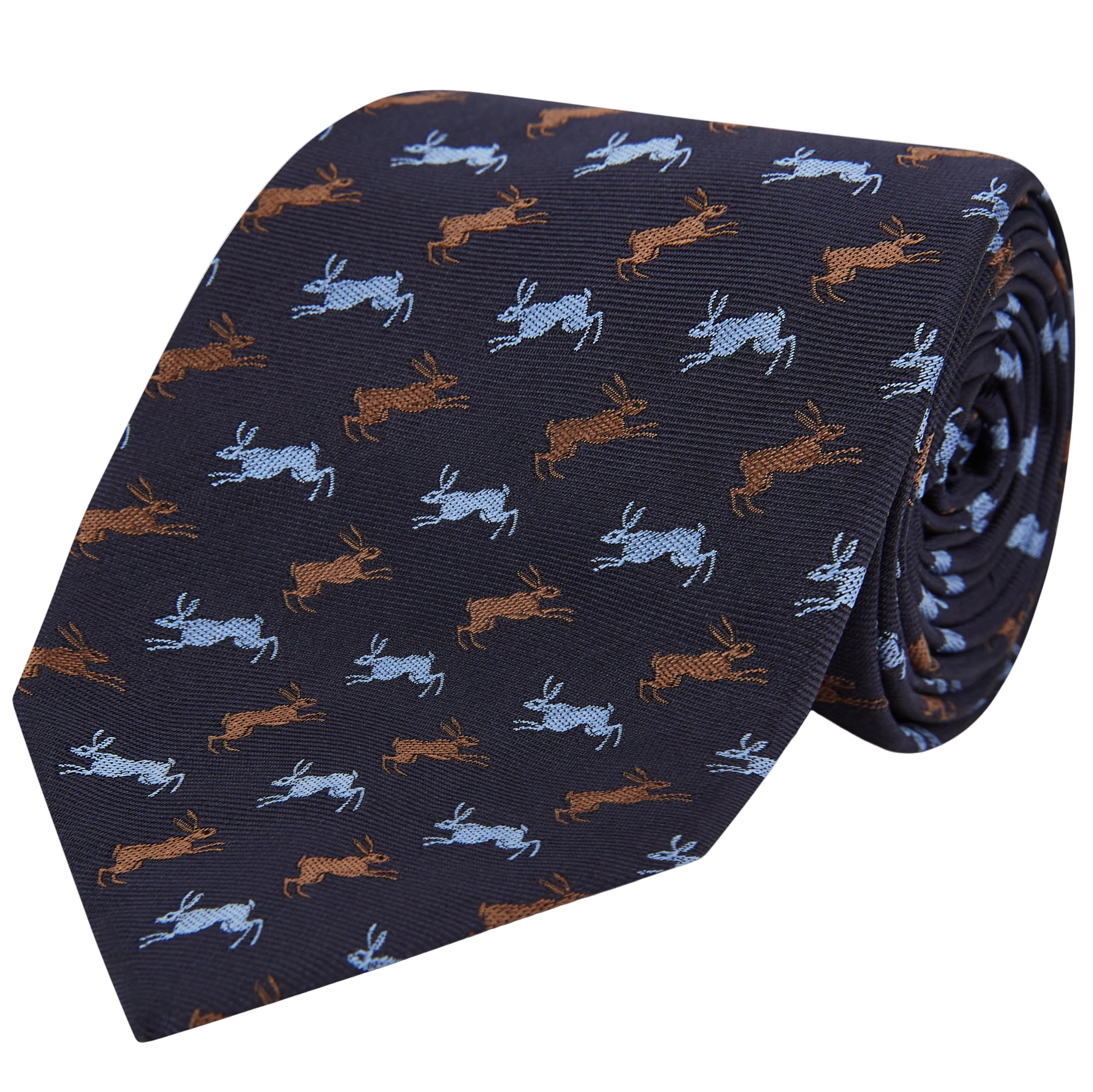 Running Rabbit Tie Bar Ede & Ravenscroft | Running Rabbit Woven Silk Tie | Navy