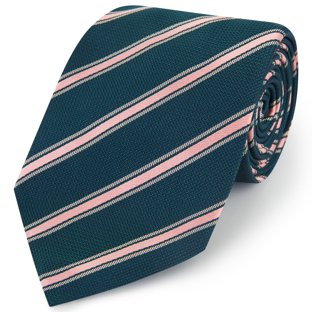 Green Pink Textured Fine Stripe Woven Silk Tie