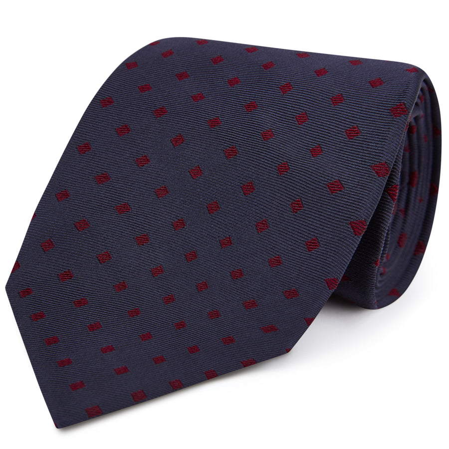 Ede & Ravenscroft Spot Herringbone Woven Silk Tie Navy Red