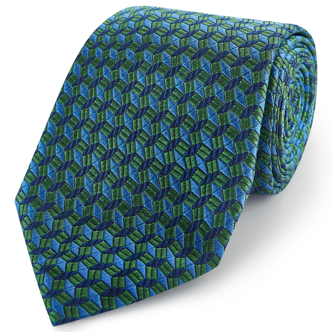 Green Blue Diamond Geometric Woven Silk Tie