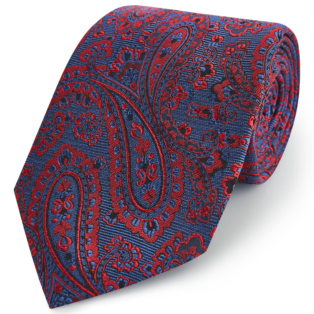 Blue Red Twill Large Paisley Woven Silk Tie