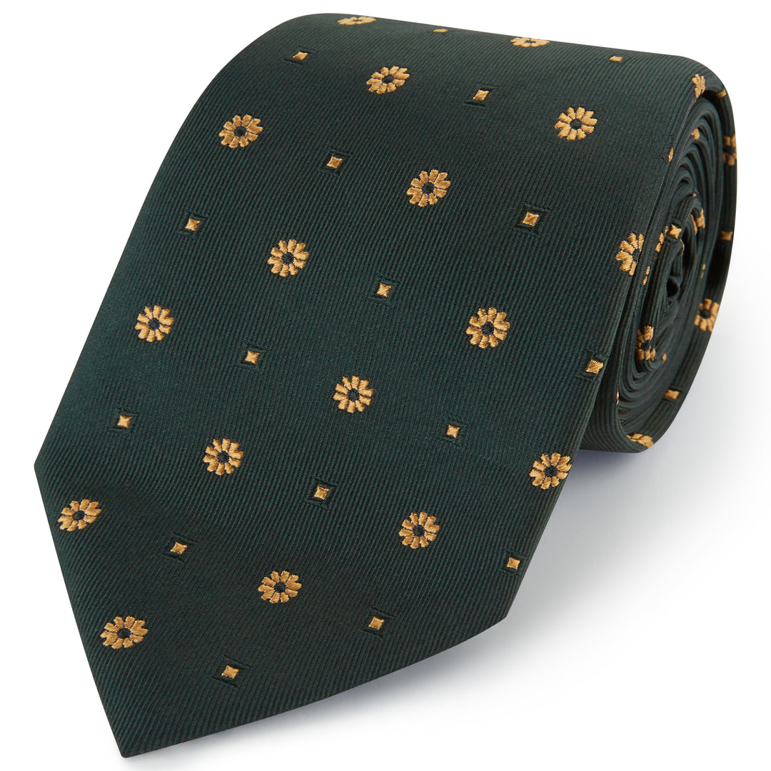 Green Gold Geo Flower Diamond Spot Woven Silk Tie