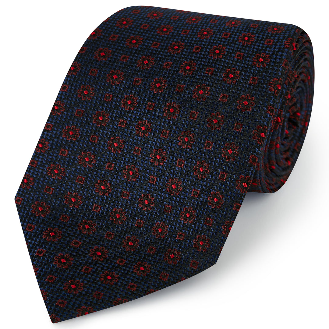 Navy Red Hopsack Geo Flower Diamond Woven Silk Tie