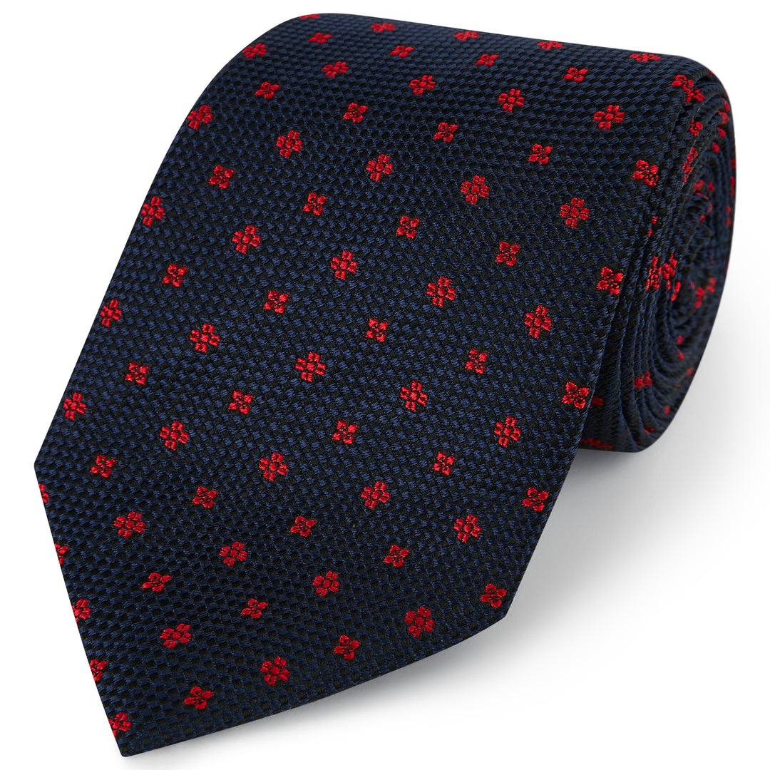 Navy Red Geo Flower Woven Silk Tie