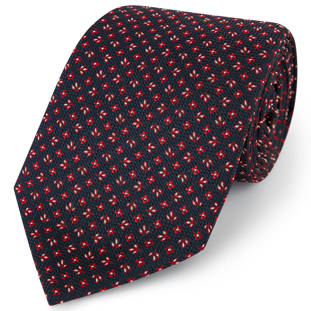 Navy Red Hopsack Geo Micro Floral Woven Silk Tie
