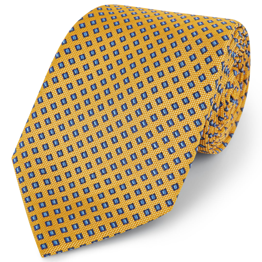Yellow Blue Hopsack Square Spot Woven Silk Tie