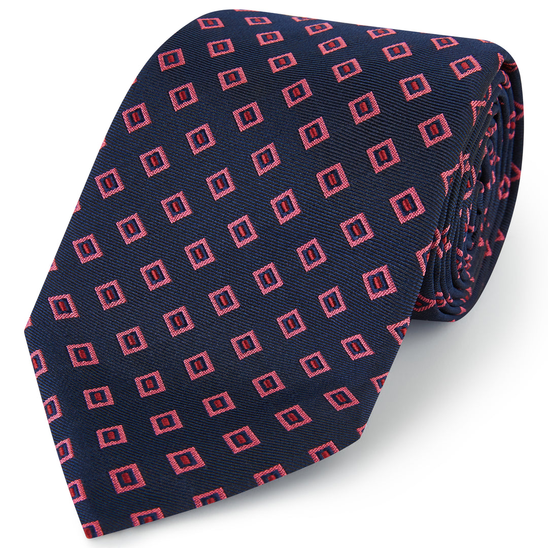 Navy Pink Large Square Spot Woven Silk Tie