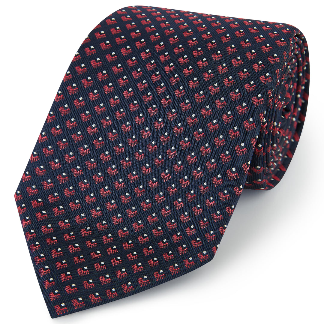 Navy Pink Geo Square Spot Woven Silk Tie