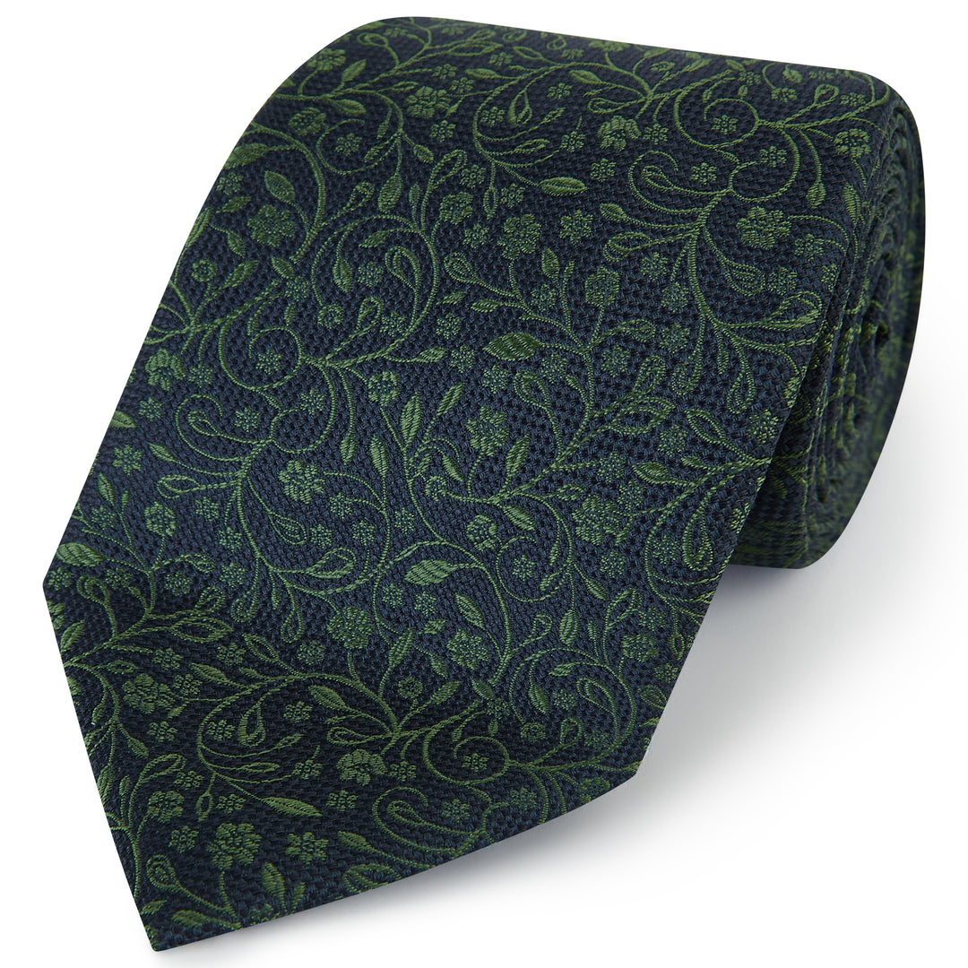 Navy Green Hopsack Floral Woven Silk Tie